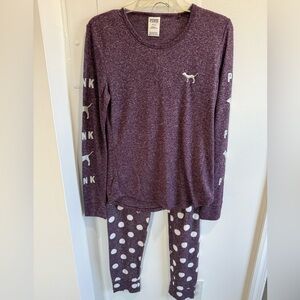 PINK Victoria's Secret Maroon Pajama Set with White Polka Dots